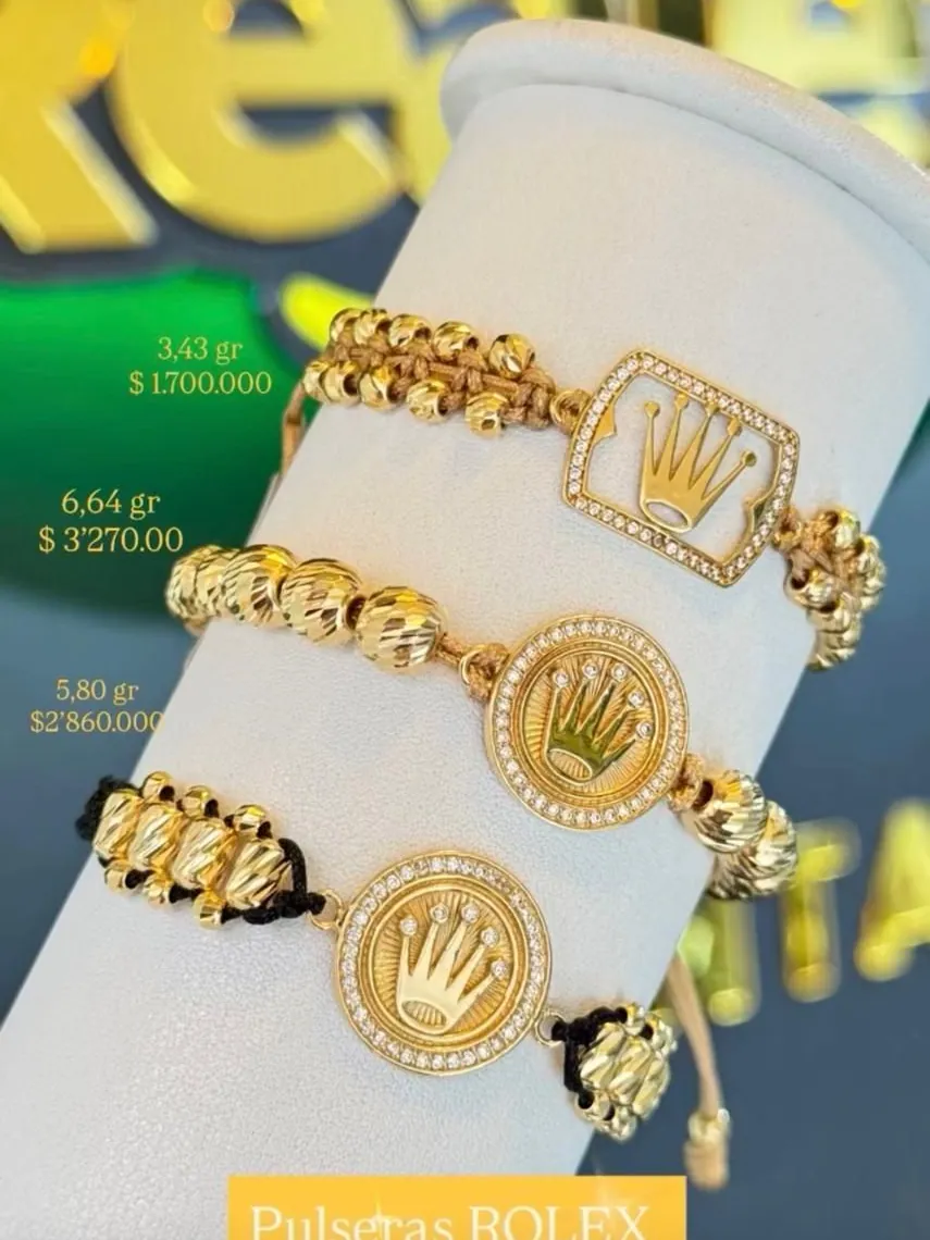 Pulseras tejidas en oro 18K con placa de corona